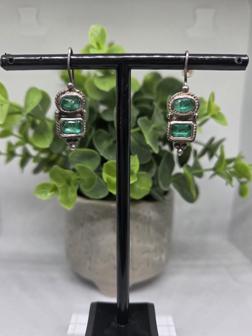 Green Double-Stone Drop Earrings - Sterling Silver